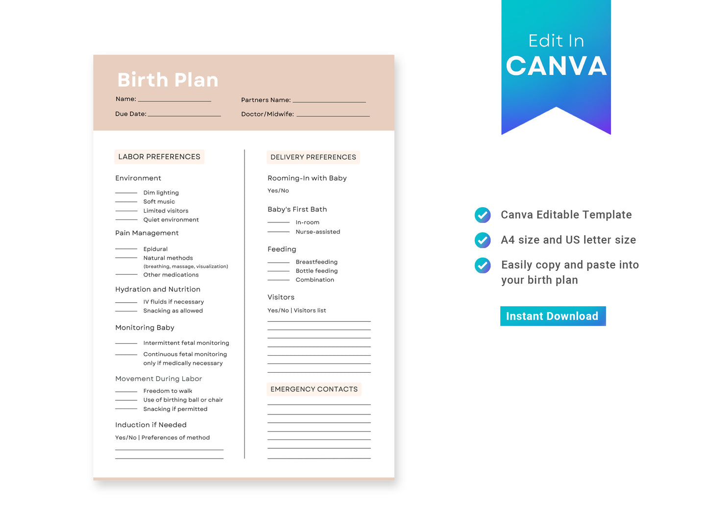 Printable Birth Plan, Pregnancy Printable, Birth Plan Canva