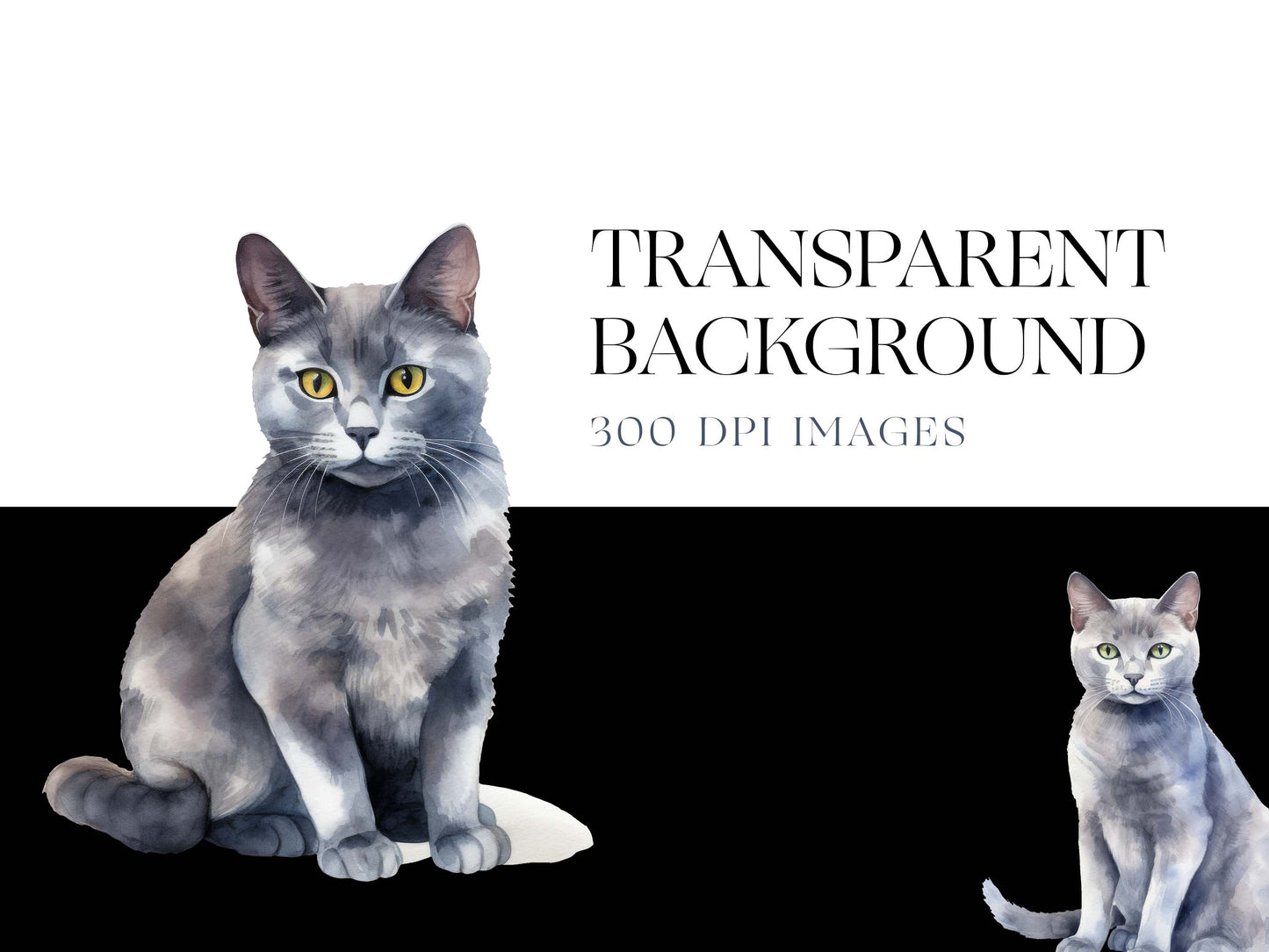 Russian Blue Cat Clipart, Watercolor Cat, Russian Cat Breed