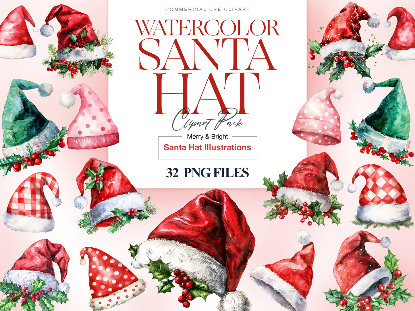 Watercolor Santa Hat Clipart, Red Santa Hat, Christmas Gift