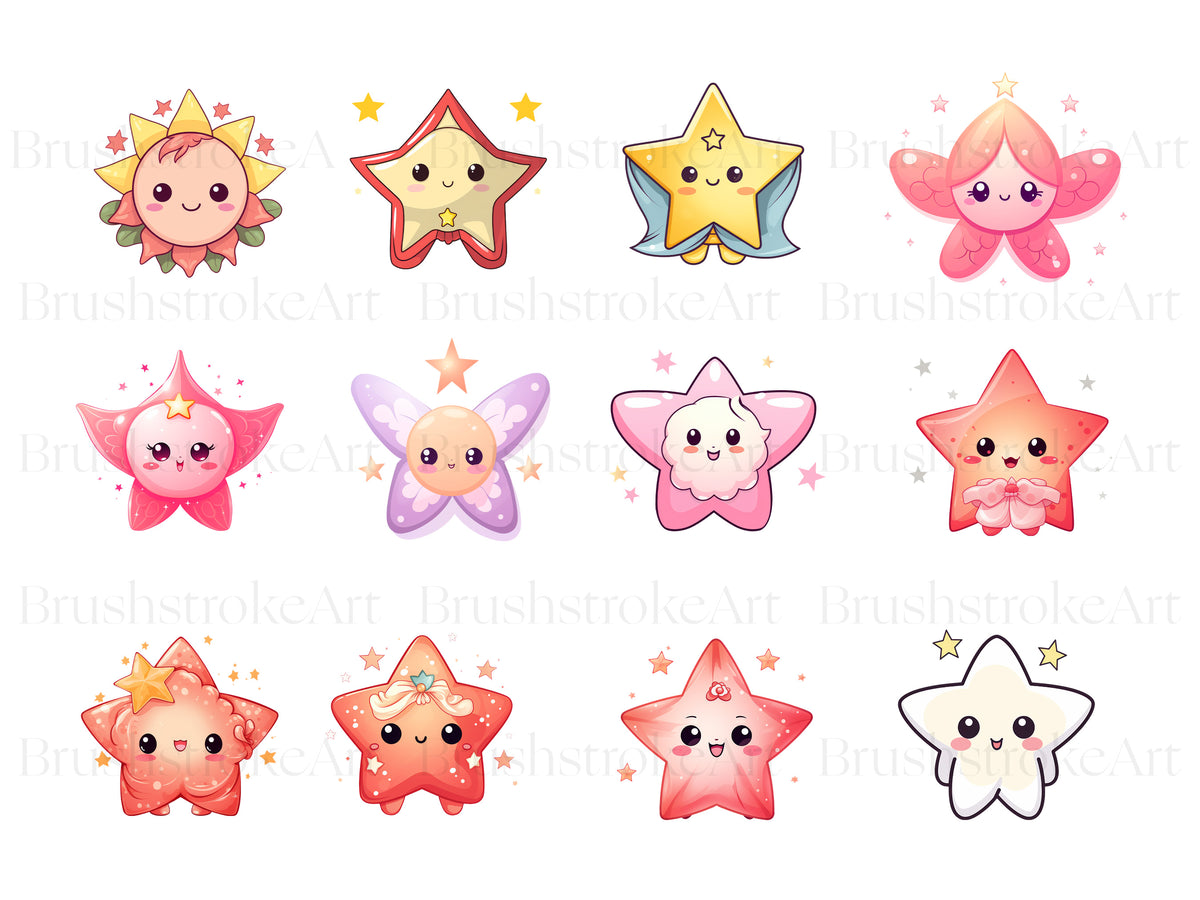 Chibi Star Rounded Kawaii Stars Clipart, Chibi Star, Colorful, Rainbow Stars – Clipartset