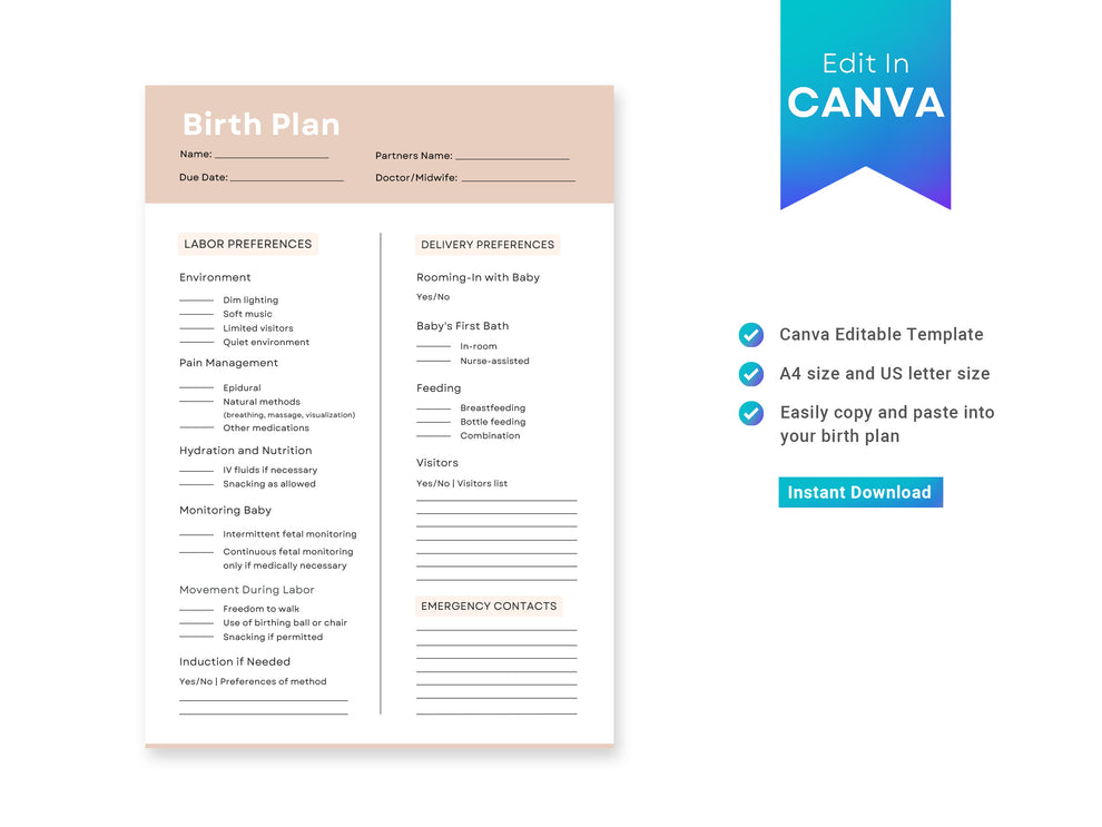 Printable Birth Plan, Pregnancy Printable, Birth Plan Canva – Clipartset