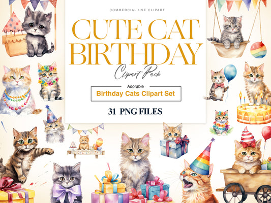 Cat Birthday Clipart, Cat Party Invitation, Birthday Cats