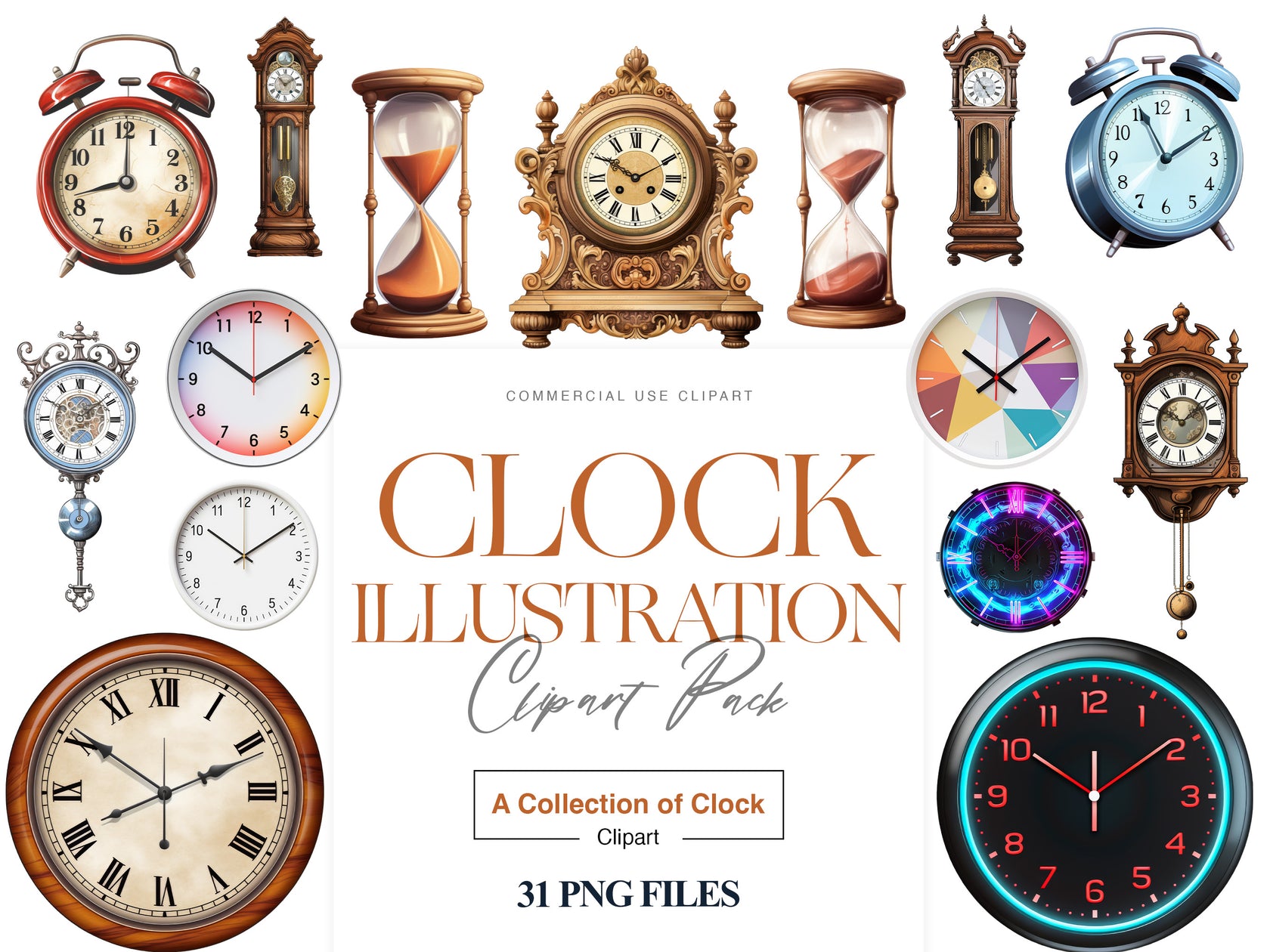 Clock Illustration Clipart, Antique Clock, Watercolor Clock – Clipartset