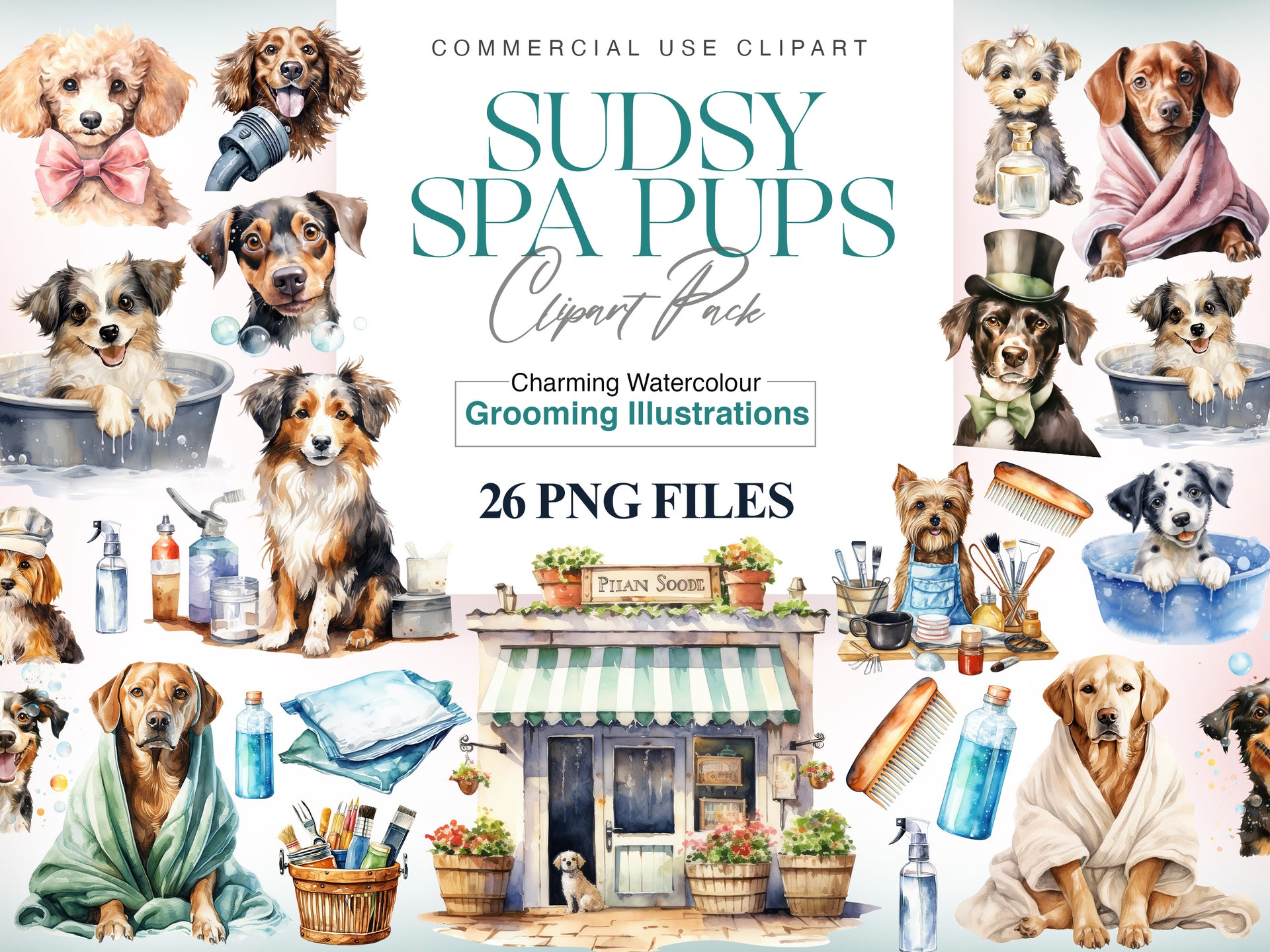 Dog Grooming Clipart, Pet Groomer, Dog Spa Illustrations, Watercolor Dog