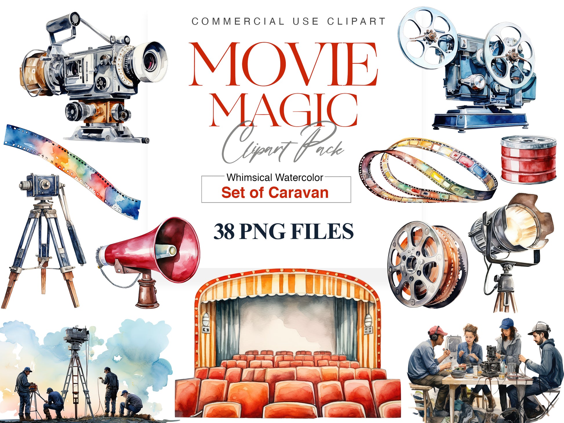 Watercolor Movie Clipart, Film Theatre, Popcorn PNG, Camera
