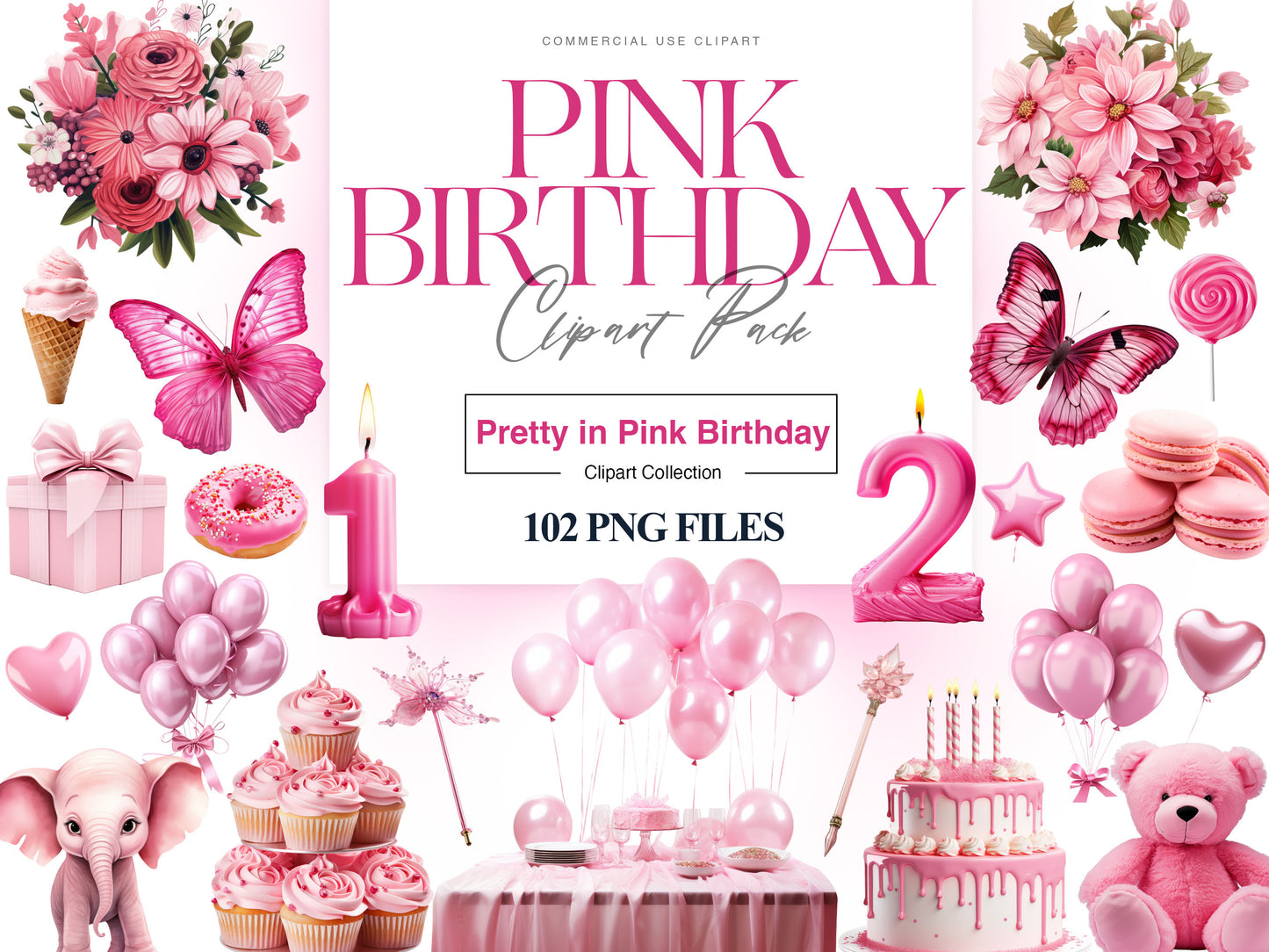 Pink Birthday Clipart, Birthday Balloon, Pink Birthday Cake