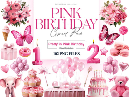 Pink Birthday Clipart, Birthday Balloon, Pink Birthday Cake