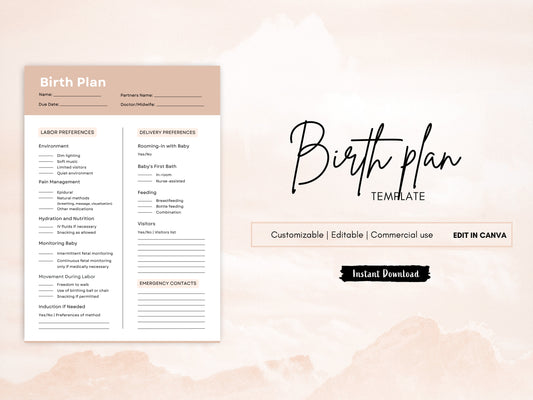 Printable Birth Plan, Pregnancy Printable, Birth Plan Canva
