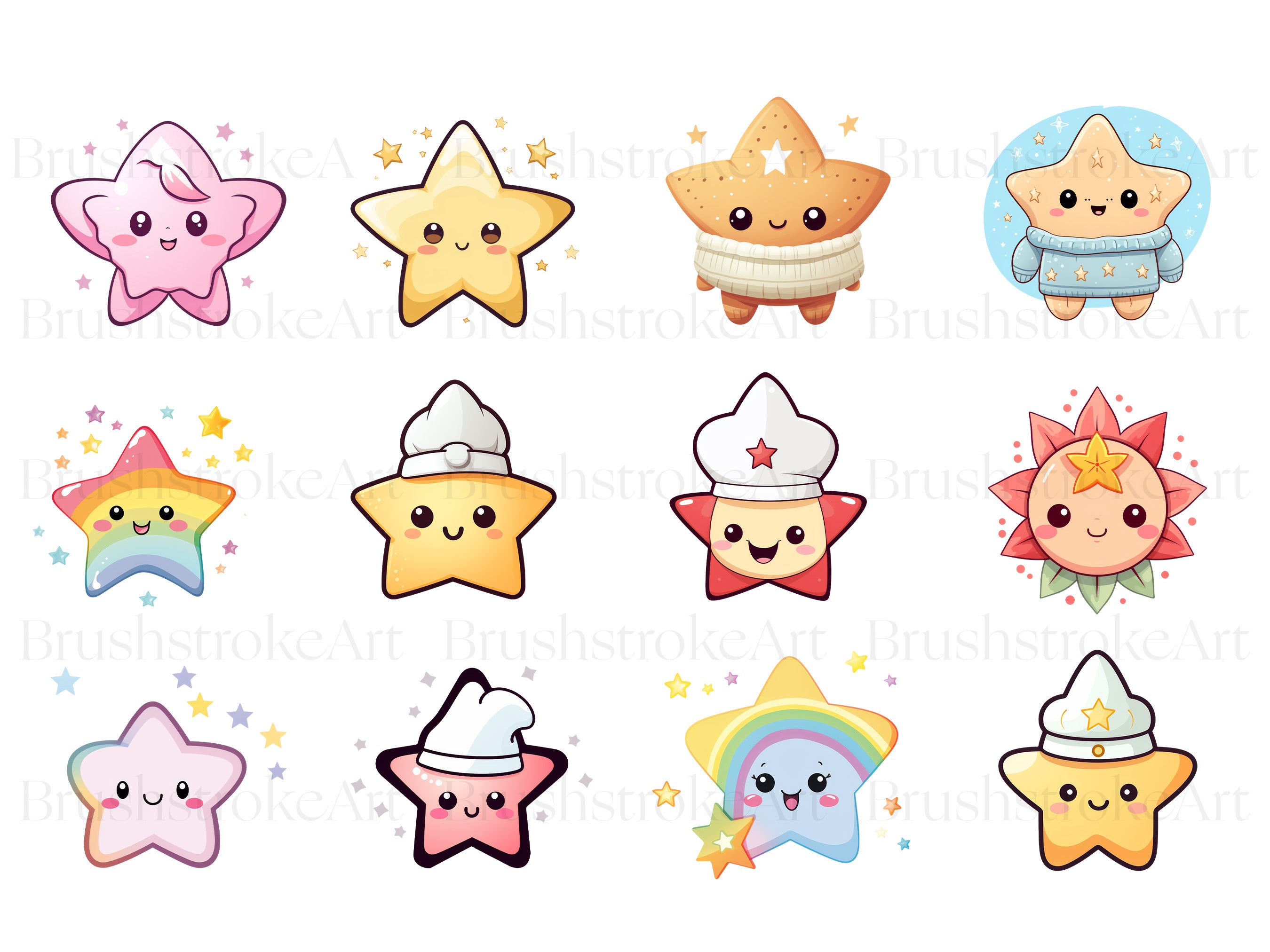 Chibi Star Rounded Kawaii Stars Clipart, Chibi Star, Colorful, Rainbow Stars – Clipartset