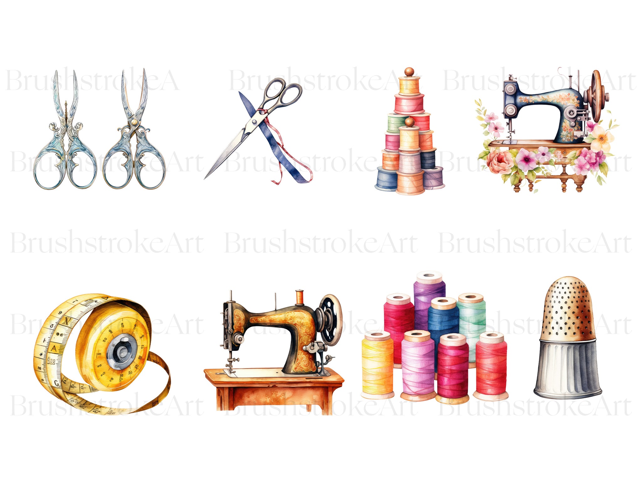 32 Watercolor Sewing Clipart, Sewing Machine, Vintage Fashion, Threads ...