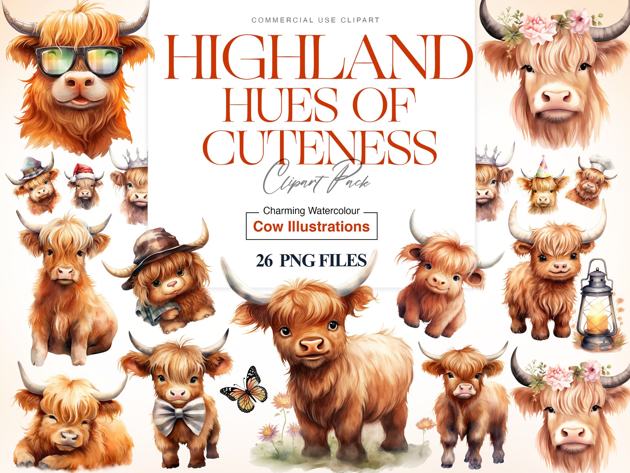 Watercolor Cow Clipart, Cute Cow PNG, Cattle PNG, Floral Cow – Clipartset