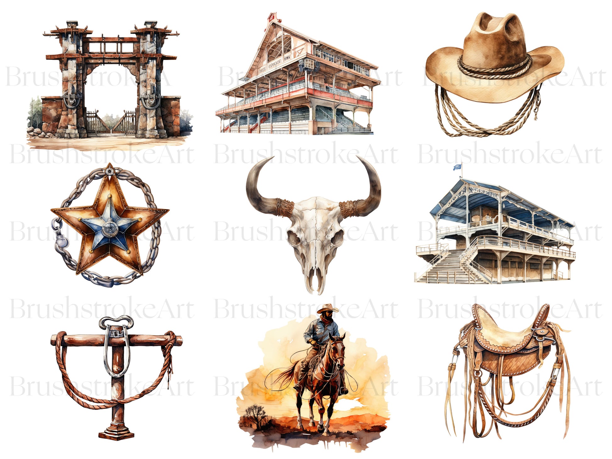 Watercolor Cowboy Clipart, Straw Hat, Lasso, Texas Cowboy, Western